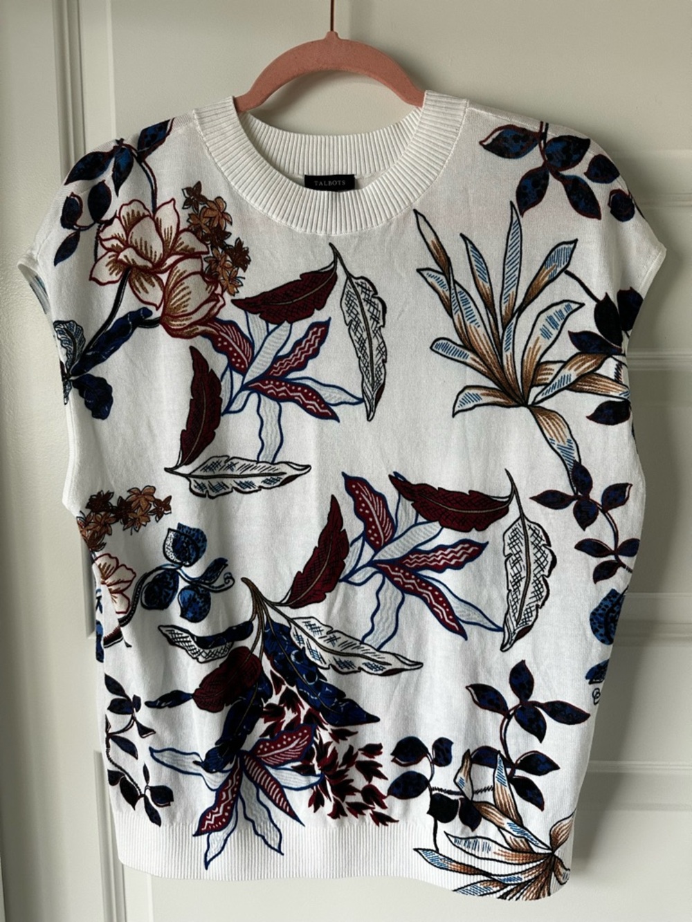 Talbots White Floral Knit Shell with Navy & Burgundy Accents